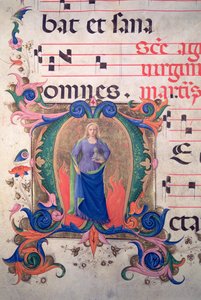 Missal 515 f.13v Historiated inicial &39;M&39; representando St. Agnes, de uma partitura musical