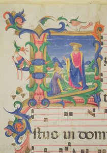 Missal 515 f.72v Historiated inicial &39;L&39; representando Cristo aparecendo a Maria Madalena, fronteira iluminada por Filippo di Matteo Torelli (1409-68) de um coro de livro executado antes de 1449 (para