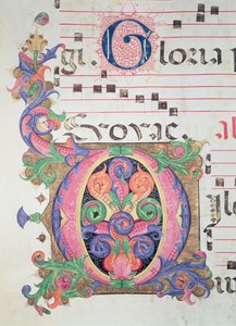 Missal 515 fol.146r Historiated inicial &39;O&39; decorado com folhagem, detalhe de um livro de coro executado antes de 1449