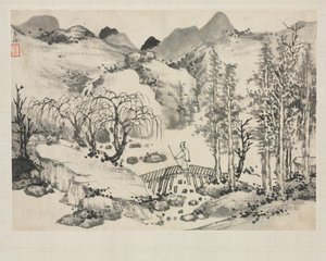 Álbum de paisagem em vários estilos: paisagem com artista em uma ponte de Zha Shibiao