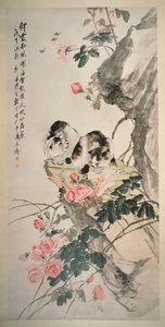 Gatos em uma rocha com rosas de Zhang Cheng