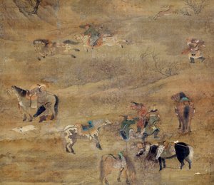 Cavaleiro mongol a perseguir um cavalo. Detalhe. Pintura em seda por Fou Tchao Mong (1254-1322). Yuan Dynasty (1206-1368 d.C.) Paris, Museu Guimet, Museu Nacional de Artes Asiáticas