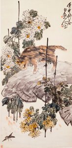 Gato, pássaro e crisântemos de Zhen Wang