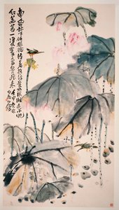 Lótus e pássaros verdes de Zhen Wang