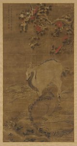 Um veado, uma corça, e camélias vermelhas na neve, 1367. de Zhou Yuan