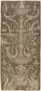 Painel de ornamentos com dragões, máscaras e instrumentos de guerra