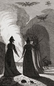 Um coven de bruxas ao redor de um caldeirão. de . .