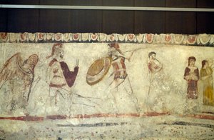 Cena de batalha entre dois guerreiros, fresco de Necrópole em Andriuolo-Laghetto em Paestum, Campânia, Itália, civilização Grega Antiga, Magna Graecia, século IV a.C. (foto)