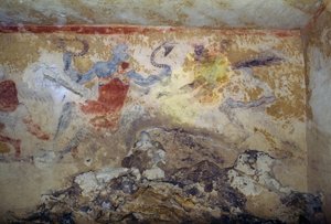 Demónio Azul com cobras, fresco, Túmulo de Demónios Azuis, Necrópole de Tarquinia (UNESCO World Heritage List, 2004), Lácio, Itália Civilização etrusca, século V a.C.