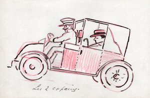 Carro com motorista. por volta de 1910 (desenho) de . .