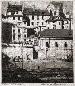 Cena do crime com intervenção policial nos cais de Paris. cerca de 1860 (gravura) de . .