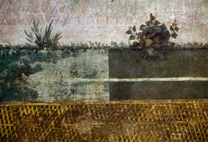 Jarra com flores, detalhe de um afresco que representa um jardim com árvores frutíferas e pássaros, da Casa de Livia na colina de Palatino, Roma, Itália. A civilização romana de Georg Carl Heinrich Dollmann