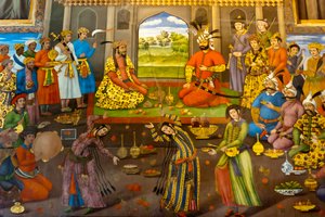 Fresco; banquete com dançarinas; Shah Tahmasp recebe o Imperador indiano Mughal Homayun; 1544; Chehel Sotoun; Palácio dos Quarenta Pilares; Isfahan; Irão; Ásia