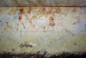 Procissão fúnebre com dançarinos e músicos, fresco, Túmulo dos Demónios Azuis, Necrópole de Tarquinia (Património Mundial da UNESCO, 2004), Lácio, Itália Civilização etrusca, século V a.C. de Georg Carl Heinrich Dollmann