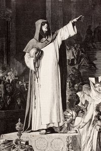 Girolamo Savonarola (1452 1498), frade dominicano italiano pregando contra a imoralidade e o luxo que tentaria o pecado, depois de uma obra de De Langemantels, de 