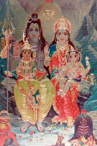 Deus Shiva e Deusa Parvati com seu filho Ganesha. de . .