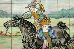 Vista interior, painel de azulejos, pintor Furcy Ernest Tondeur, executor Boch Frères La Louvière, segundo painel mostra cena de caça com cavaleiro galopante com chifre de caça de . .