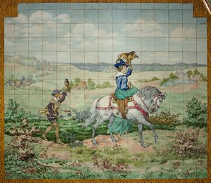Vista interior, painel de azulejos, pintor Furcy Ernest Tondeur, executor Boch Frères La Louvière, segundo painel, cena de caça com um nobre e uma nobre com falcões de . .