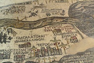 Jericó e seus arredores, incluindo o rio Jordão e Mar Morto, detalhe do mapa da Terra Santa, mosaico do chão, ca 560 d.C., abside da Basílica de São Jorge, Madaba, Jordânia, civilização bizantina, século 6 d.C. de School Lebanese