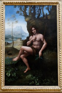 Museu do Louvre, Paris, França. Oficina de Leonardo da Vinci, creditada a Francesco Melzi, São João Batista, óleo sobre painel transferido para tela, c. 1510-1520. de . .