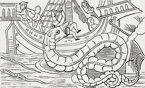 Homem sendo comido por uma serpente marinha. de . .