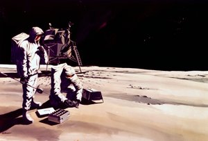 Voo Espacial Tripulado, EUA, Apollo, Artista Geral Impressão de astronautas trabalhando na Lua de Ferdinand Georg Waldmuller