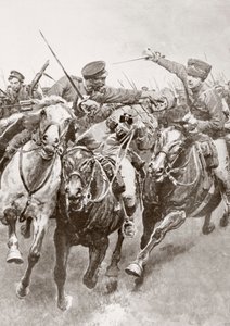 Combate montado entre cossacos russos e a cavalaria alemã conhecida como os Hussardos da Morte em Schwansfeld, entre Korschen e Bartenstein, Prússia Oriental, Agosto de 1914 durante a Primeira Guerra Mundial, de La Esfera de Ferdinand Georg Waldmuller