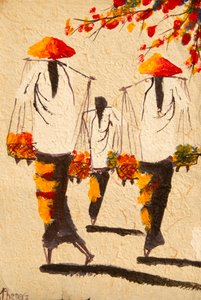 Pintura; mulheres asiáticas com chapéus de arroz; Vienciana; Laos; Sudeste Asiático; Ásia