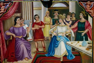 Decoração pictórica retratando a matrona romana no carro Siciliano, Sicília, Itália, Detalhe