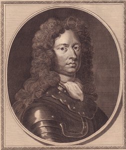 Retrato do soldado inglês Thomas Tollemache (cerca de 1651-1694), gravura em cobre de John Goldar (1729-1795) de pintura de G Kneller de William Walcutt