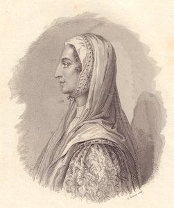 Retrato da fidalga italiana Beatrice Lascaris di Tenda (1372-1418), gravura em cobre de G Fusinati a partir de retrato publicado por Antonio Campo de William Walcutt