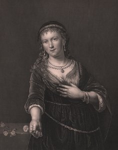 Retrato de Saskia van Uylenburgh (1612-1642), esposa de Rembrandt, gravura de Daniel John Pound de pintura de Rembrandt, da Galeria Real Dresden de Payne, de Albert Henry Payne, H Payne Dresden e Leipzig Publisher, cerca de 1840 de William Walcutt