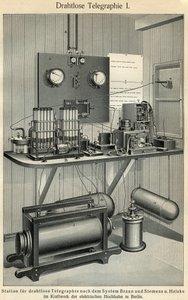 Progresso das telecomunicações: conselho de ciência e tecnologia representando uma antiga estação de telégrafo. Ilustração tirada de "Meyers Grosses Konversations - Lexikon" 1904. Instituto de Bibliógrafos, Leipzig e Viena de Ferdinand Georg Waldmuller