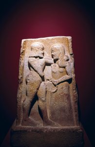 Estela representando Menelaus e Helena, encontrada em Esparta, Grécia, civilização grega, finais do século VII a.C.