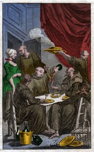 A festa dos monges que violam as regras monásticas. Eles bebem vinho, cortejam as empregadas. Século XVIII (Gravura) de . .