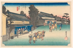 Narumi, um lugar famoso por seu tecido, nas cinquenta e três estações da estrada Tokaido