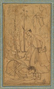 Um homem santo se prostrando diante de um príncipe instruído, c. 1585, fronteira adicionada provavelmente 1700. de   Manohar