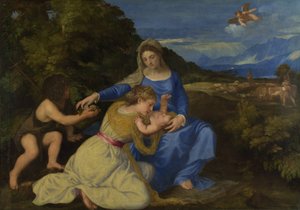 A Virgem e o Menino com o Menino São João e uma Santa ou Doadora (&39;A Madona Aldobrandini&39;) de Tiziano Vecelli