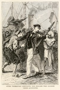 Depois de repelir vigorosamente os fellahs que ofereceram sua assistência, de Volta ao Mundo em Oitenta Dias, de Jules Verne (1828-1905), gravada por Henri-Théophile Hildebrand (1824-1897) 1873 (gravura