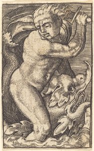 Cópia ao contrário de "Sea-God to the Left Riding on a Dolphin" de after Barthel Beham