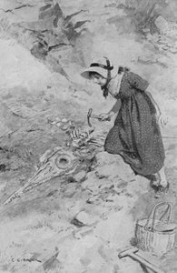 Em Lyme Regis, Mary Anning, 12 anos, chegando ao primeiro ictiossauro encontrado na Inglaterra
