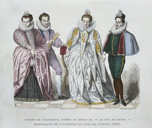 Louise de Lorraine-Vaudemont (1553-1601), esposa de Henri III, Duque de Guise (1549-88), Marguerite de Vaudemont (1564-1625) e Anne de Joyeuse (1561-87) de after Chevignard
