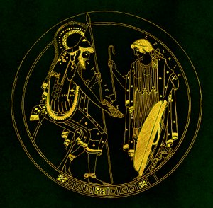 Um guerreiro sentado segura sua taça de vinho, ilustração de Grego Vase Paintings por JE Harrison e DS MacColl, publicado em 1894 (imagem aprimorada digitalmente) de after English School
