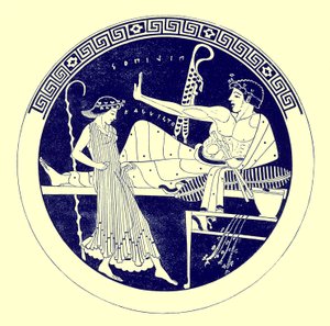 A menina de dança e a juventude do deleite, ilustração das pinturas gregas do vaso por JE Harrison e por DS MacColl, publicaram 1894 (imagem realçada digital)