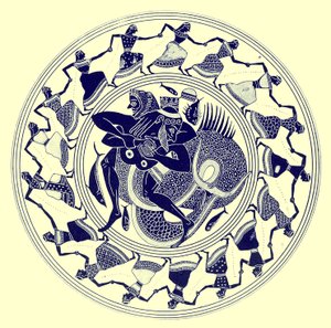 Herakles lutando com Triton, ilustração de Grego Vase Paintings por JE Harrison e DS MacColl, publicado em 1894 (digitaly enhanced image) de after English School