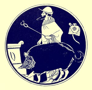 Hermes e o cachorro mascarado, ilustração de Grego Vase Paintings por JE Harrison e DS MacColl, publicado em 1894 (imagem aprimorada digitalmente)