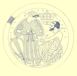 Interior de Cylix por Euphronios, ilustração de pinturas de vaso grego por JE Harrison e DS MacColl, publicado em 1894 (imagem aprimorada digital)