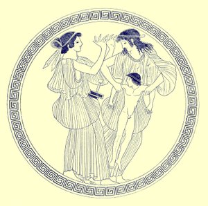 Prokne, Philomela e Itys, ilustração de Grego Vaso Pinturas por JE Harrison e DS MacColl, publicado em 1894 (imagem aprimorada digital)
