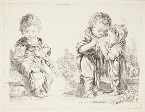Criança sentada em um torrão de terra e os bebedores de leite de after Francois Boucher