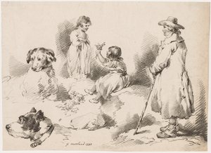 Estudos de Crianças (Duas Meninas); Dois cachorros; Um homem de after George Morland
